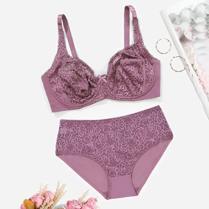 Female Big Size Lace Lingerie Set Bra with Wire Unlined Thin Breathable Bra and Panties Set 85C-110E