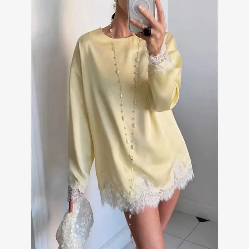 Hellblaues Spitzen-Satin-Rundhalskleid für Damen, elegantes, seitlich gebundenes, langärmliges, weiches, kurzes Kleid, 2026, tägliches Urlaubs-Party-Sommerkleid — image 2