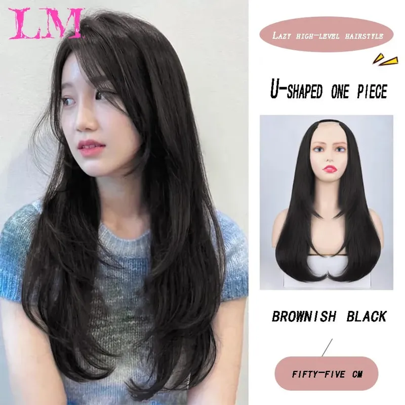 LM Synthetic Hair Extensions Long Straight U-Shaped Half Wig for Women Female Natural Black Blonde Hairpiece — image 12