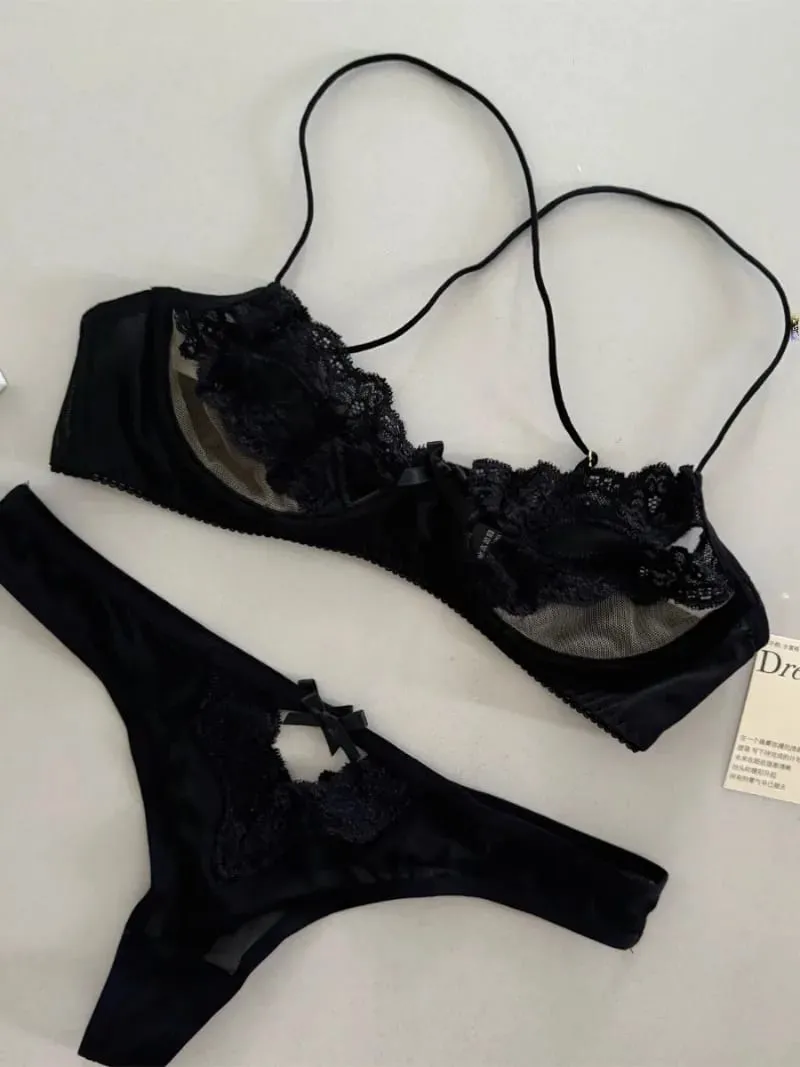 French Bra Underwear Set Hollowed Out Gather Bow Lace Half Cup Bra Women Sexy Lingerie Ultrathin Temptation Erotic Hot Outfits — image 4