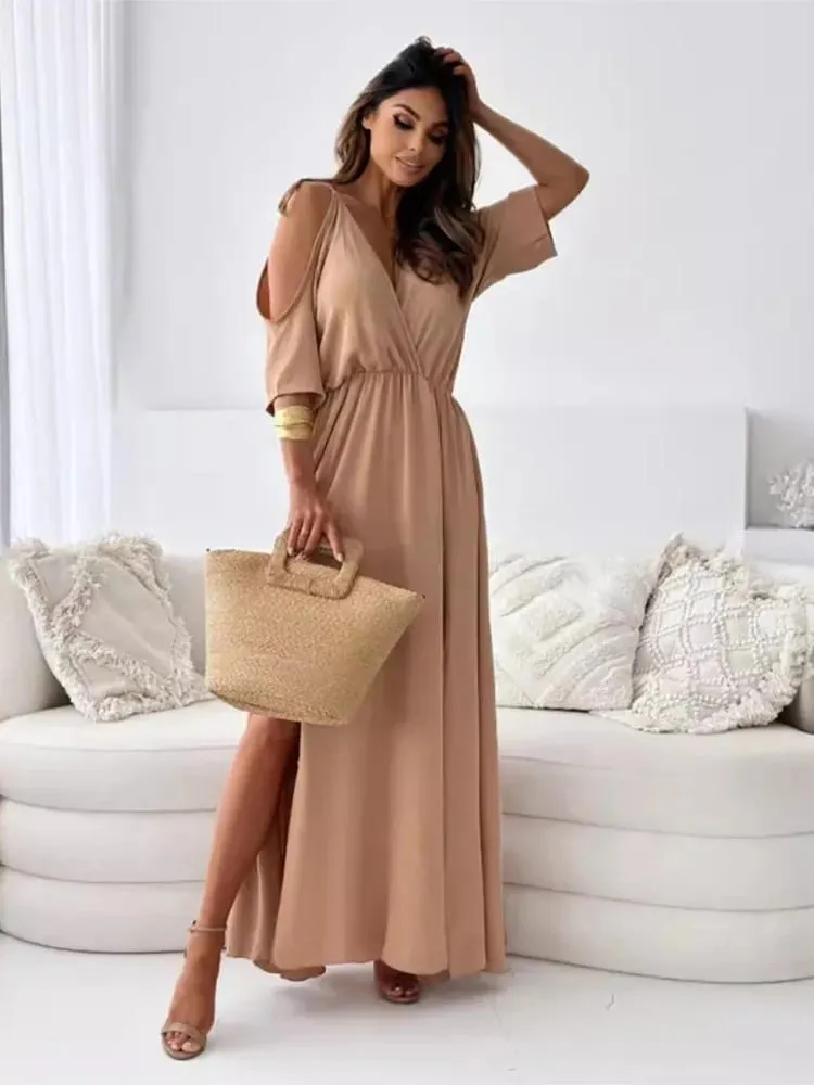 ฤดูร้อน V คอกระโปรง Slit Dress Off-ไหล่เซ็กซี่สปาเก็ตตี้ชุดเดรสแฟชั่น Elegant หลวม Beach Dresses Robe femme