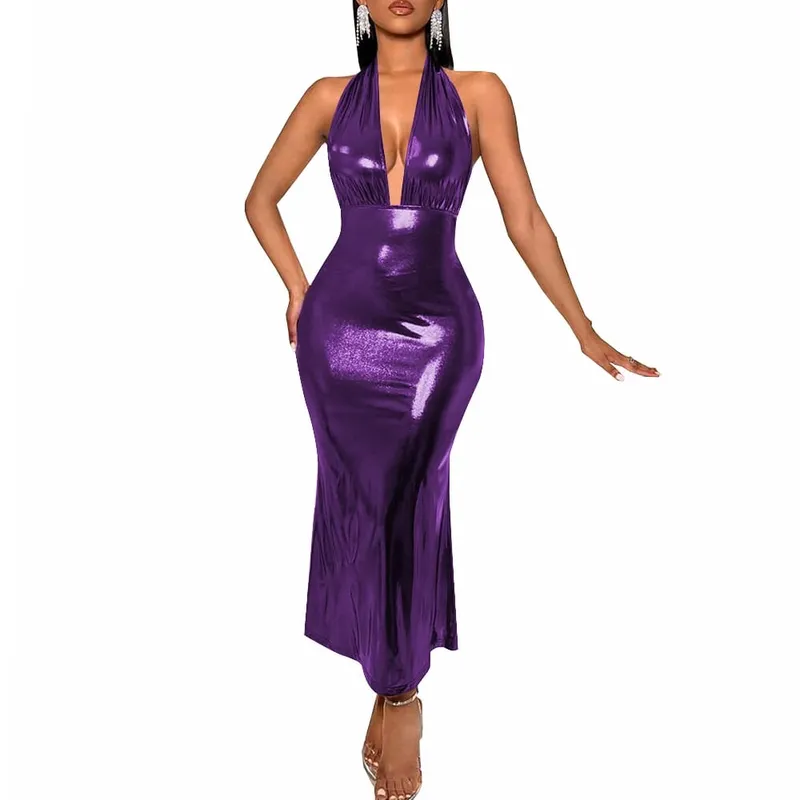 Plus Size Liquid Metallic Halter Dress Ladies Deep V-neck Club Beach Long Dresses Sexy Off-shoulder Backless Suspender Robes