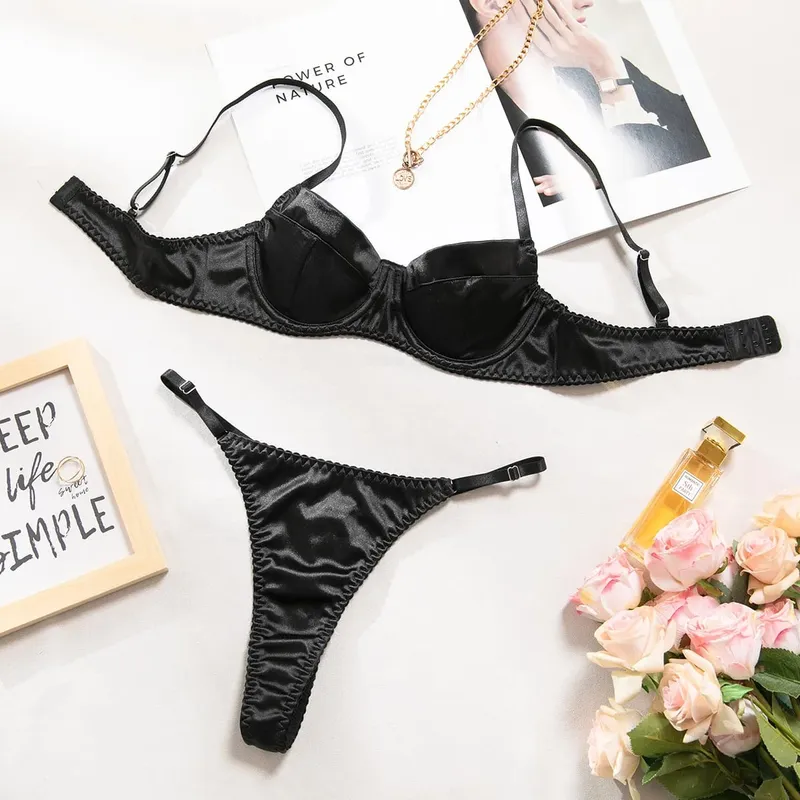 Seksi Mewah Satin Pepejal Pakaian Dalam Nipis Set Bra & Thong Perhimpunan Manis Gadis Fesyen Baharu Pakaian Dalam Elegan Kehidupan Seharian