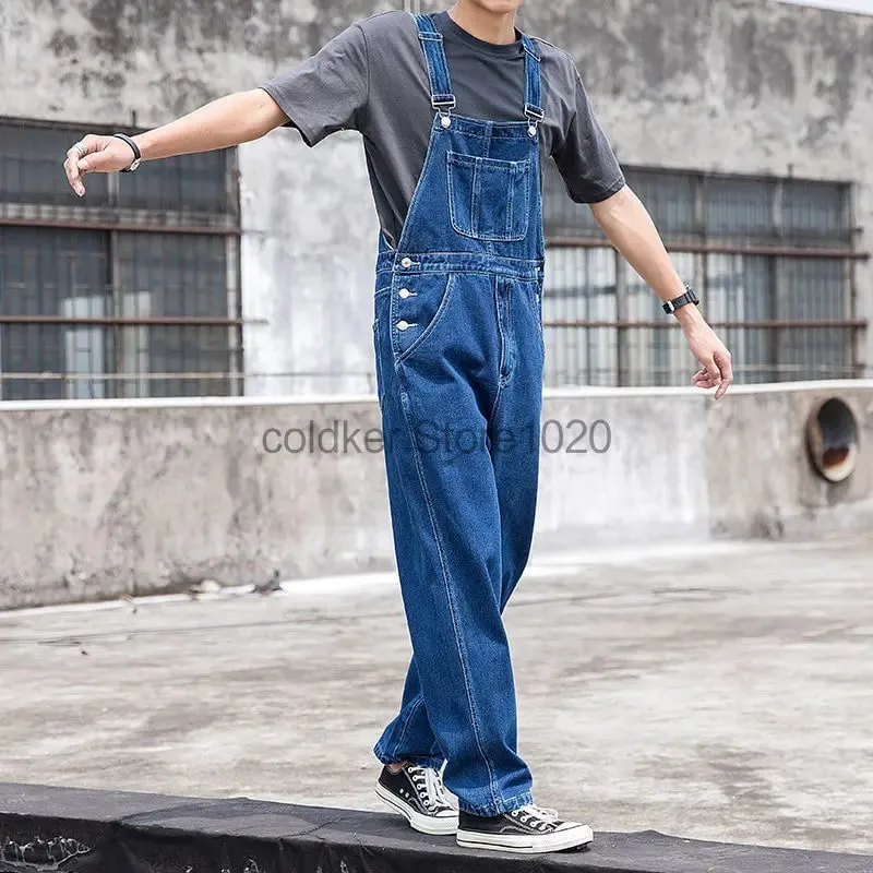 New Men's Denim Overalls Casual Multiple Pockets Loose Splice Straight Rompers Fashion Adjustable Suspenders Jeans For Male — image 3
