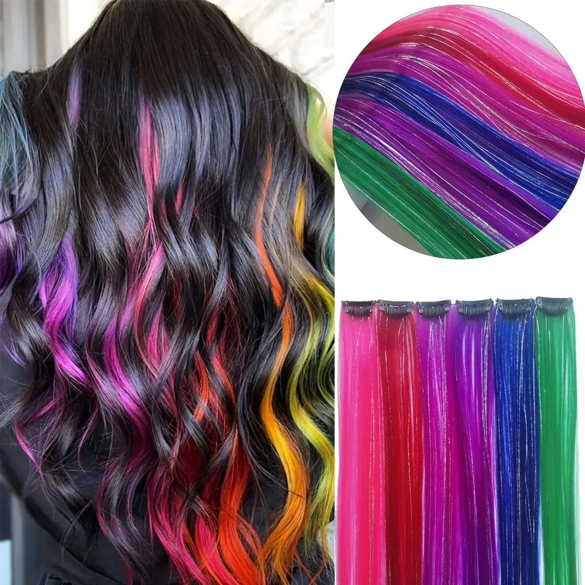 6pcs/pack Colored Party Highlights Clip in Hair Extensions 22 inches Multi-colors Straight Hair Synthetic Hairpieces