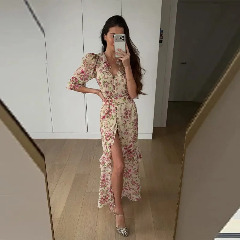 Eleganckie wzburzyć damskie długie sukienki V Neck pół guzik na rękawie wyszczuplająca talia plisowana sukienka 2026 wiosna Lady Fashion Party szaty — image 10
