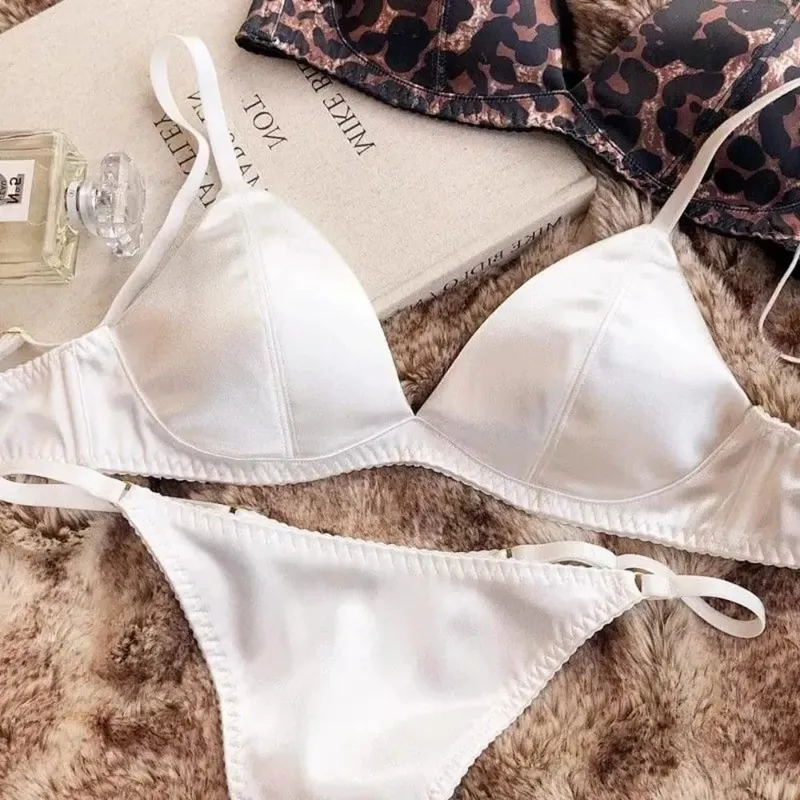 French Style Satin Triangle Cup Bra Set Women Sexy Thin Wireless Seamless Lingerie Light Lift Comfort Brassiere Underwear 32-38