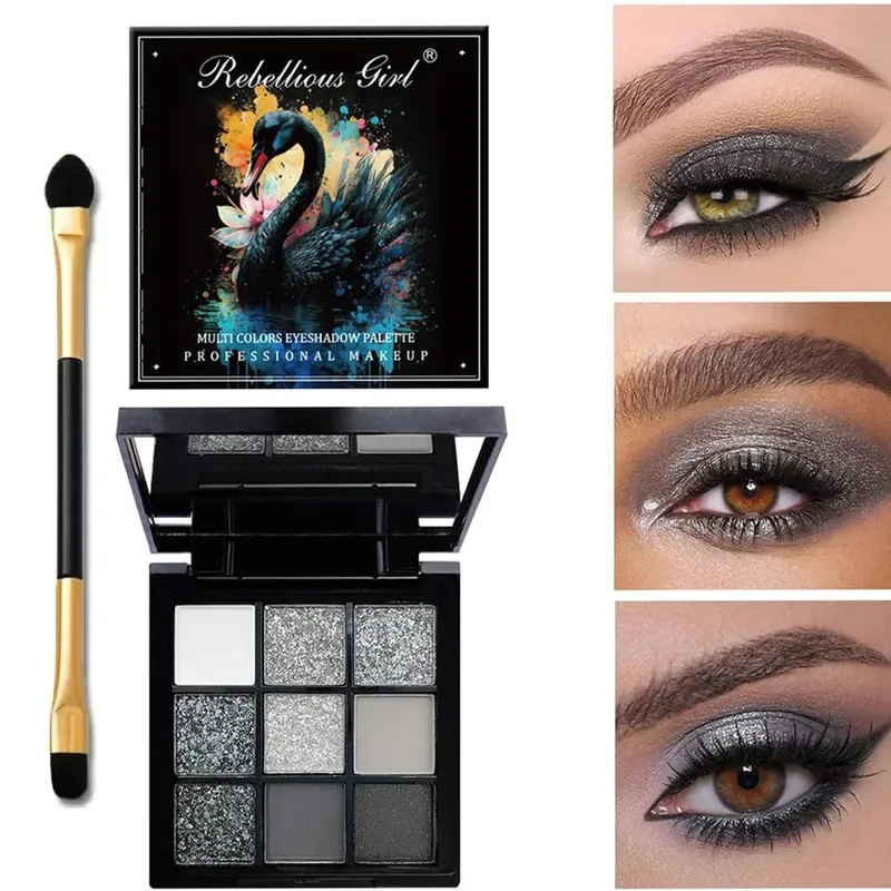Paleta de sombras esfumaçadas pretas de 9 cores com lantejoulas de glitter holográfico e pincéis de sombra de ponta dupla Kit de maquiagem para festa de Halloween — image 6