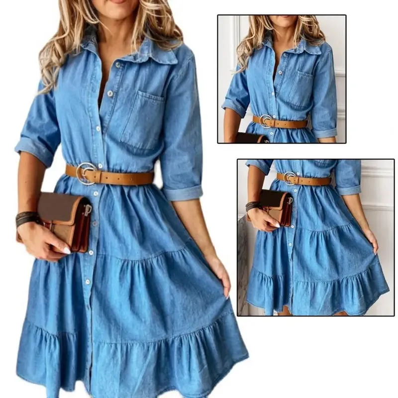 Denim Dress Three Quarter Sleeve with Belt Turn-down Collar Spring Autumn Buttons Ruffle Jeans Dresses for Women 2025 — image 3