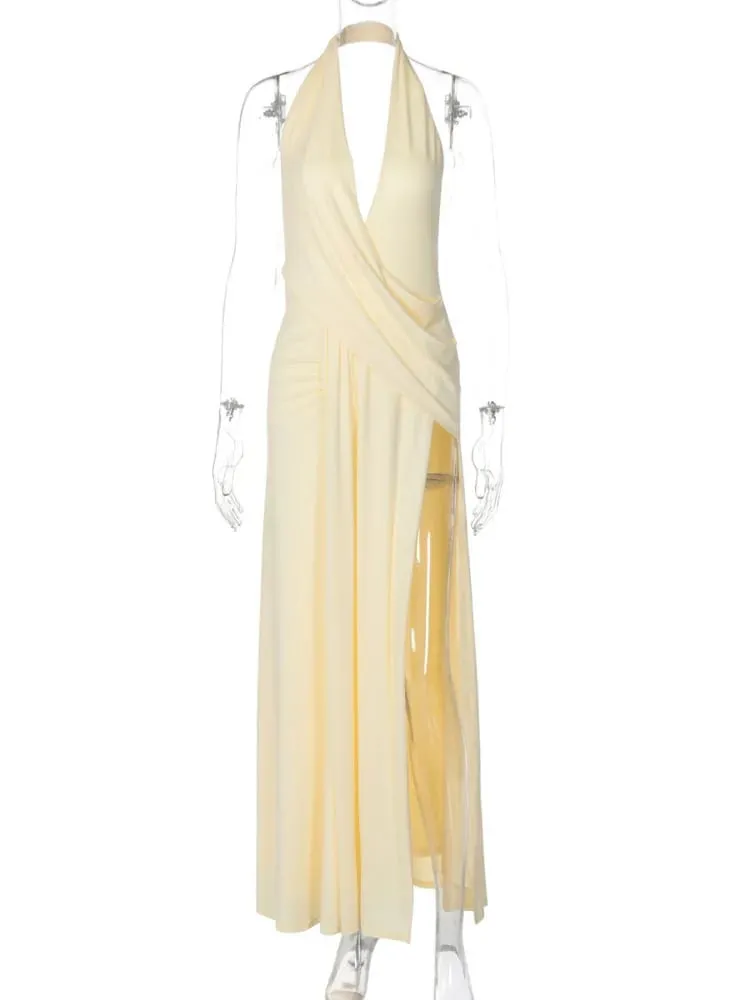 Mozision Halter Deep V Neck Backless Sexy Maxi Dress Women Gown Fashion Irregular Sleeveless Thigh High Split Club Party Dresses