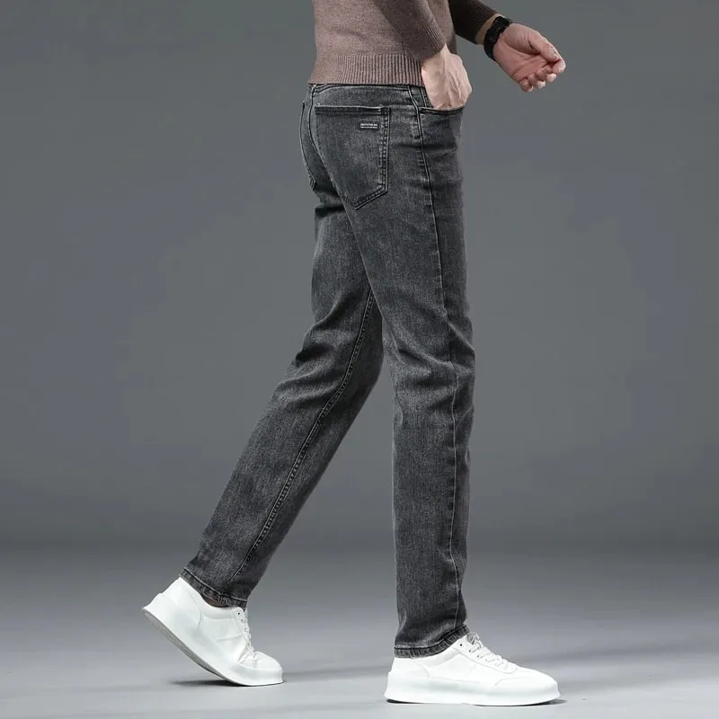 Black Gray Men's Classic Straight Stretch Jeans Autumn Business Casual Comfortable Regular Fit Denim Pants Male Trousers — image 2