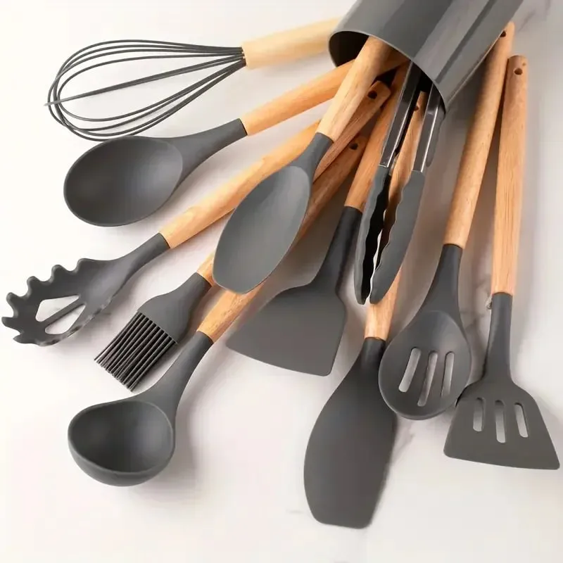 12pcs Set of Multi-color Silicone Wooden Handle Kitchenware Set Non Stick Pot Spatula and Spoon Cooking Utensils Heat-resistant — image 11