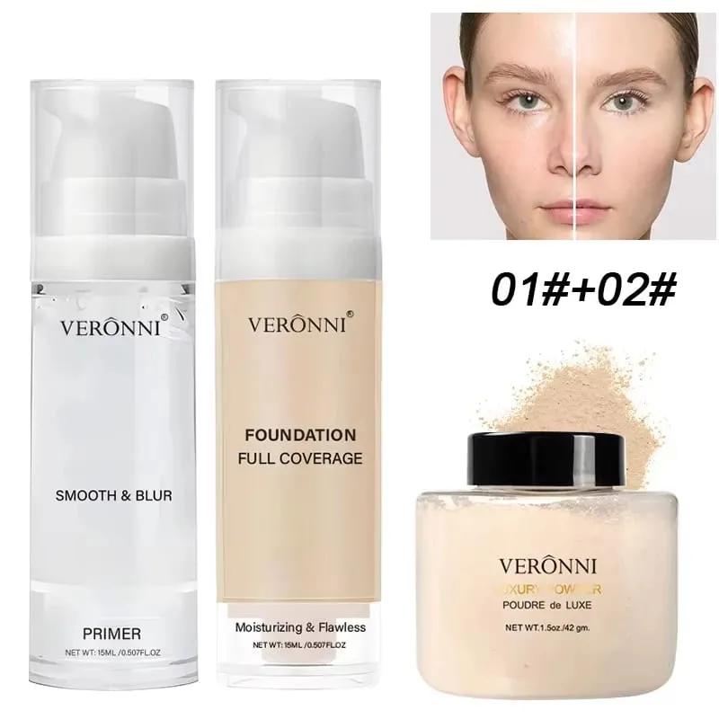 3pcs Beginner Face Makeup Kit-Matte Foundation Makeup Hydrating Primer Oil-Control Loose Powder Full Coverage Face Concealer — image 7
