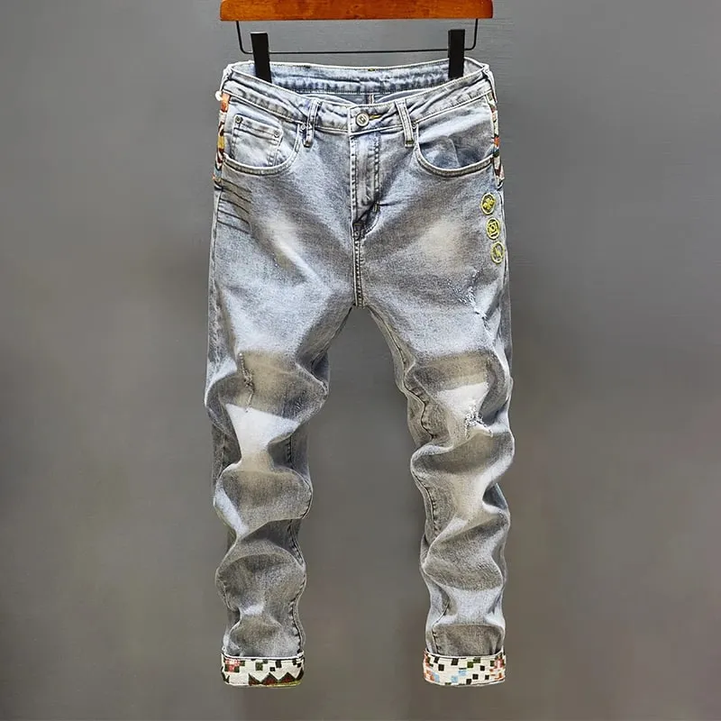 Stitching Embroidered Printed Jeans Men's Cool Smart Street Fashion Design Pattern Slim Fit Feet High-End Washed Trousers — image 2