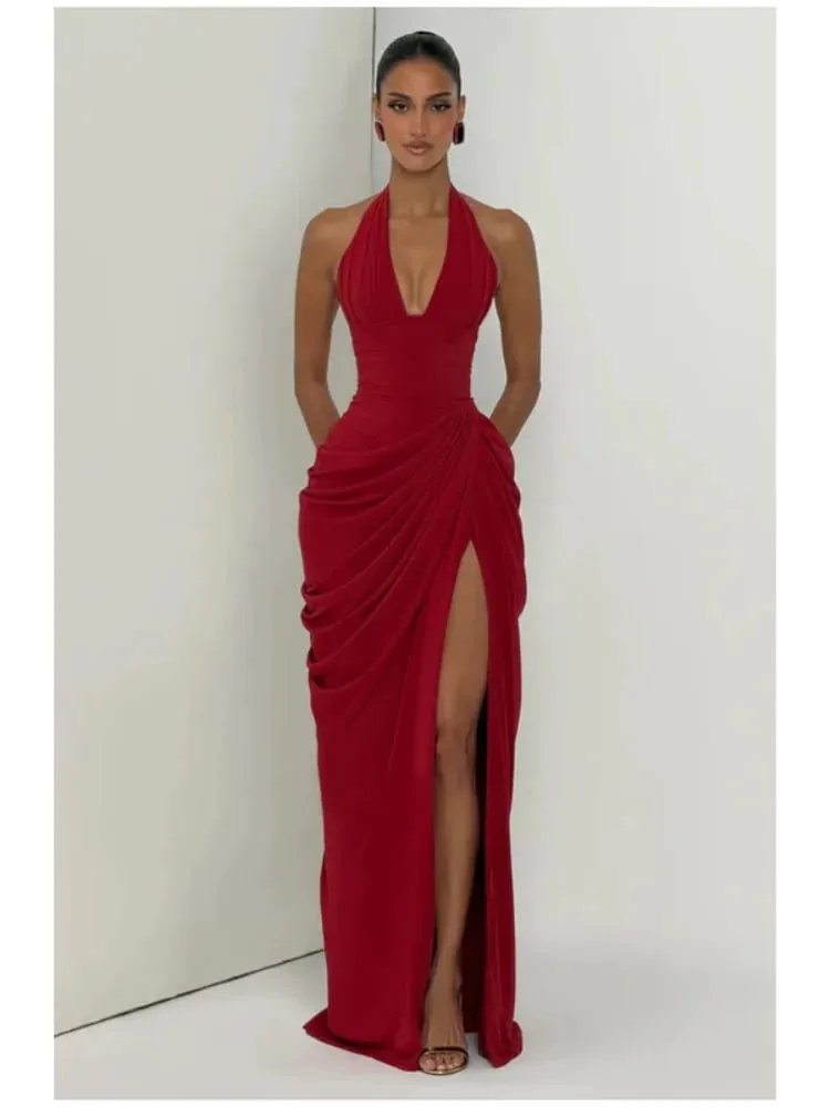 섹시한 솔리드 Pleated 홀터 드레스 여성 패션 민소매 Backless 허리 cinching 분할 맥시 드레스 2026 여름 레이디 파티 가운 — image 2
