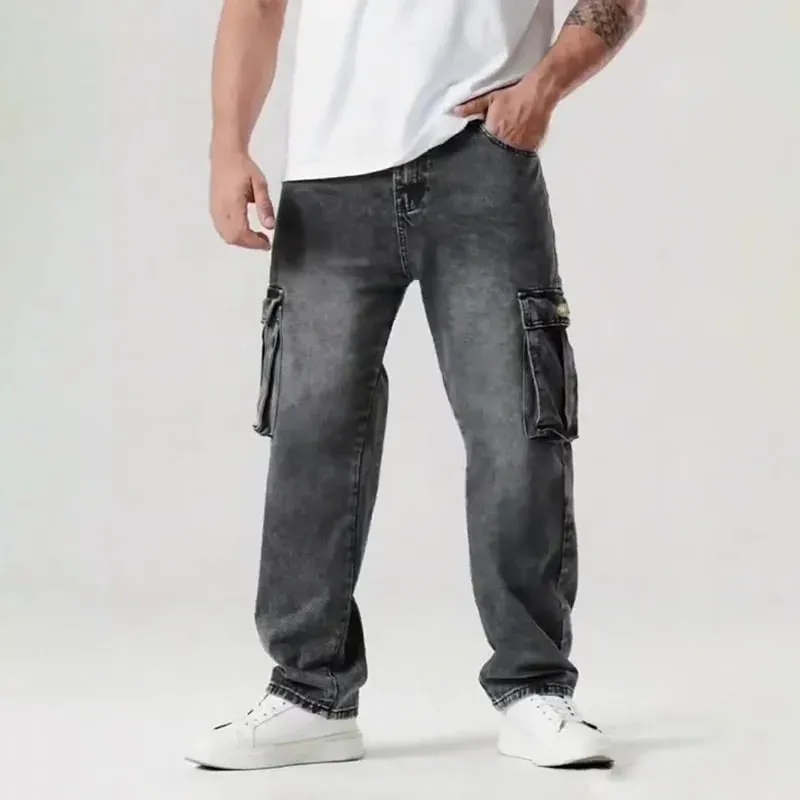 Korean Casual Comfortable Loose Fitting Jeans For Men Large Pocket Jeans Seasons Straight Leg Pants Work Pants — image 4