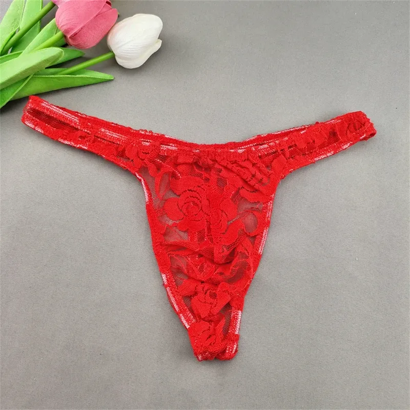 Lace Floral Sexy Men's Underwear Solid Hollow Perspective Thong Comfort Bugle Enhance Sissy G-String Gay Low Rise T-back Panties — image 29