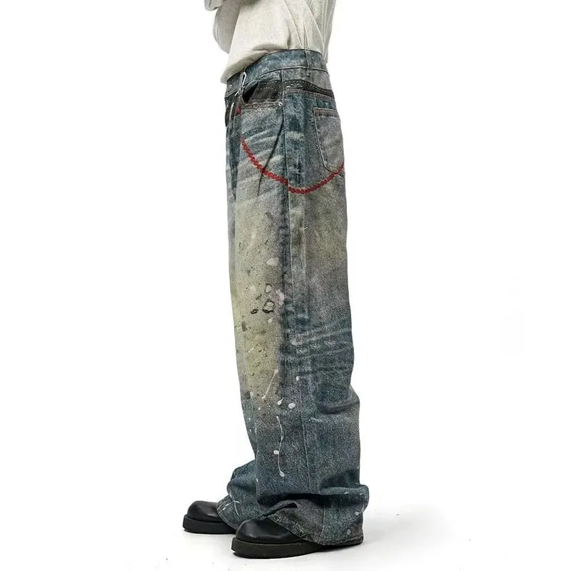 Niche Design Men's Denim Pants Chain Printing Contrast Color Splash-ink Casual Wide Leg Vintage Loose Male Jeans 9W4170 — image 5