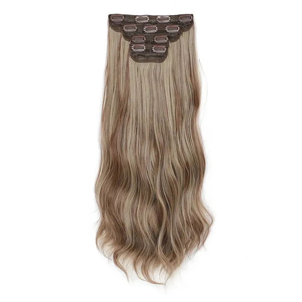 4 pçs/set 11 clipes 22 polegadas 220g ondas de praia clipe em extensões de cabelo loira arenosa champanhe resistente ao calor sintético peruca — image 10