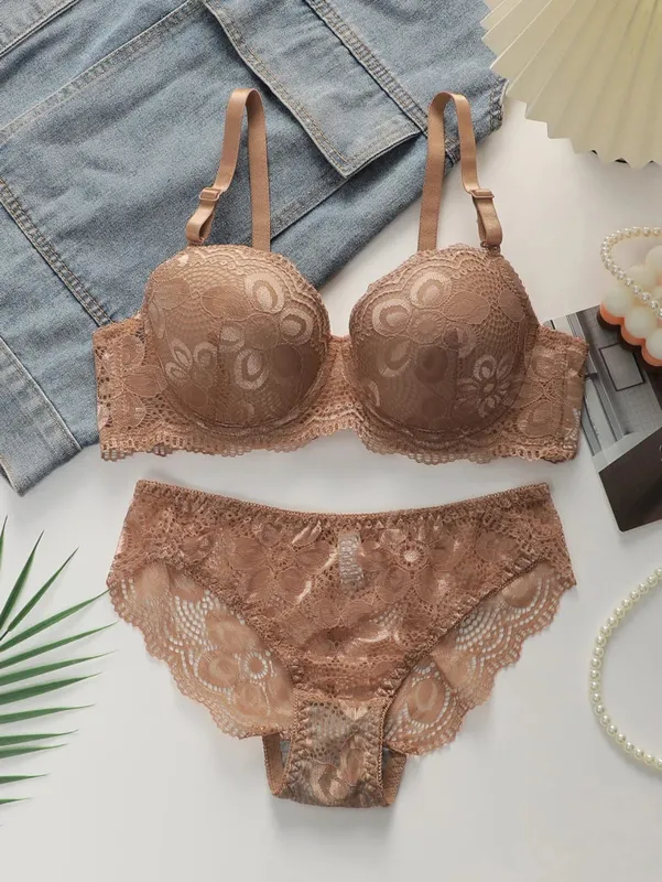 Women's Sexy Underwear Embroidered Flowers with Steel Hoops Gather Push Up 2-piece Comfortable Underwear Set A2123