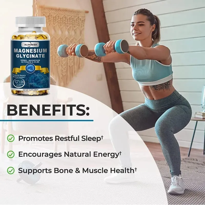 Alxfresh Magnesium Glycinate 500mg Capsule Zinc Vitamin D3 B6 for Muscle Joint Nerve Sleep Quality Anxiety Stress Mood Health