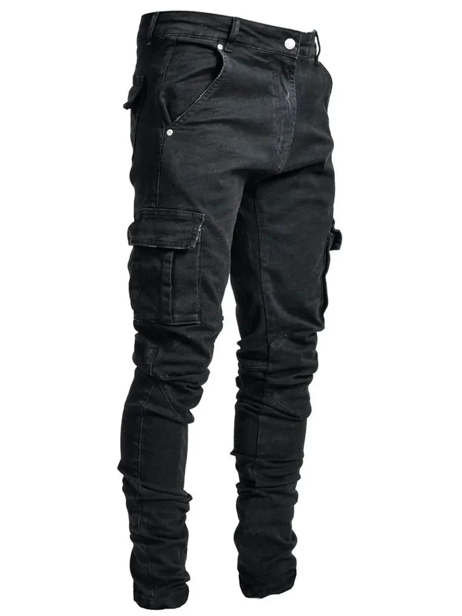 2026Jeans Men Pants Wash Solid Color Multi Pockets Denim Mid Waist Cargo Jeans Plus Size Fahsion Casual Trousers Male Daily Wear — image 3