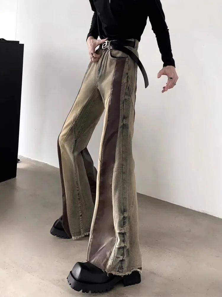 Trashy Y2K 2000S Pu Leather Patchwork Slim Flare Jeans Pants For Men 90S Vintage Clothes Colorblock Denim Trousers Moda Hombre — image 4