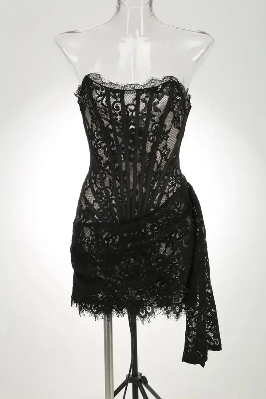 Sexy Lace See-through Patchwork Corset Dress Female Bodycon Elegant Party MIrrgualr Mini Dress Women Tube Top Dress New