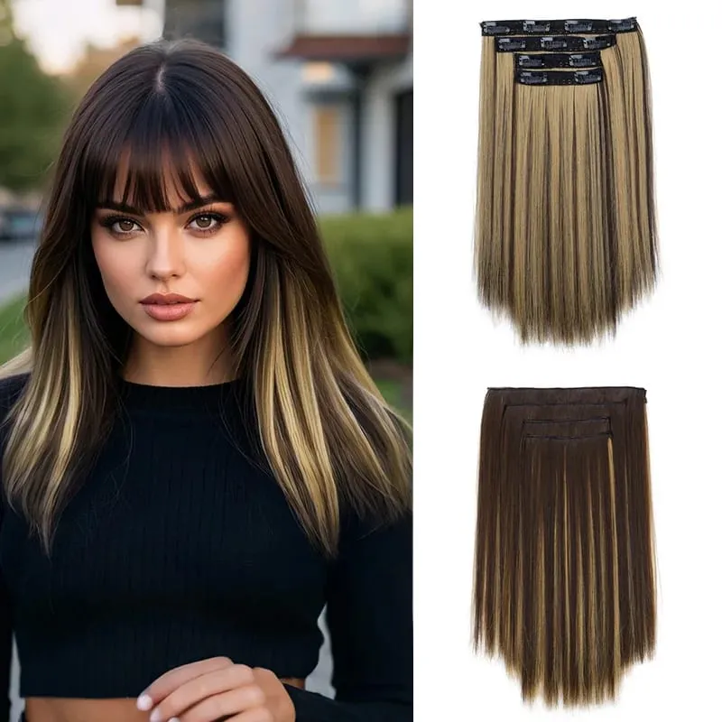 4pcs 14Inch Synthetic Clip-in Hair Extension Short Straight Soft Invisible Brown Blonde Hairpiece for Women