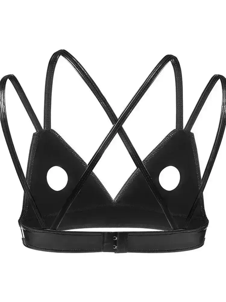 S-3XL Deep V-neck Wet Look PVC Bustier Tank Top Hollow Out Shiny PU Leather Bikini Crop Tops Tights Sexy Croptop Camis Cropped — image 4