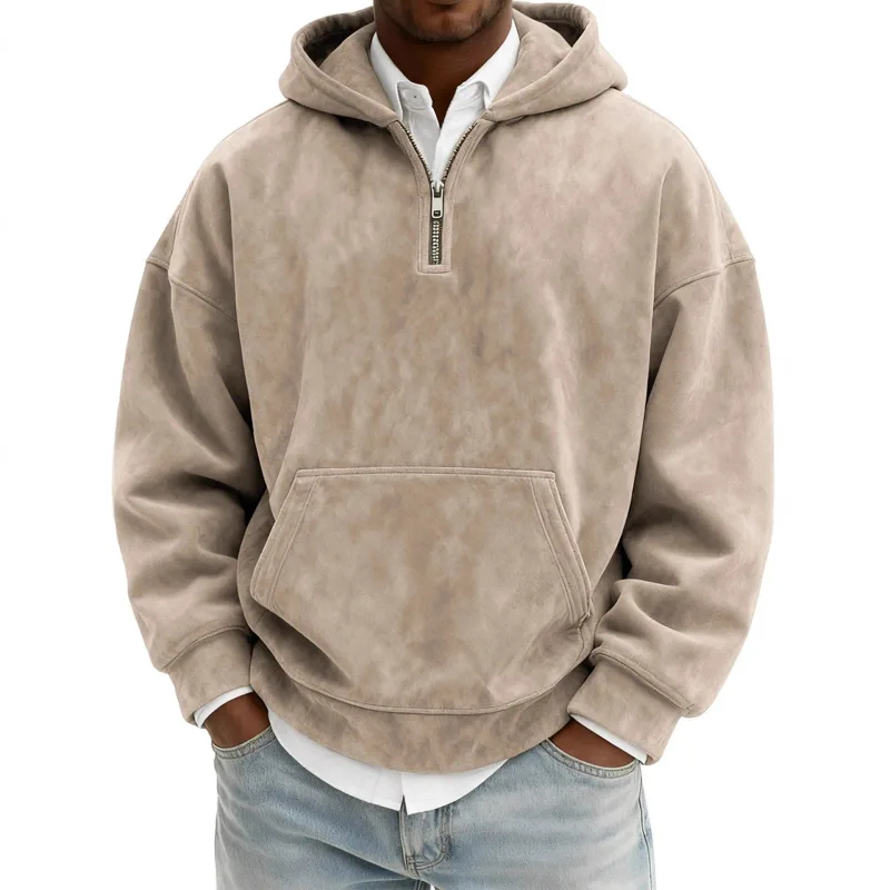 Amerika Fashion Baru Pria Warna Solid Setengah Ritsleting Lengan Panjang Kasual Trendi Harian Berkerudung Kaus Pria Hoodies Pakaian Atasan — image 2
