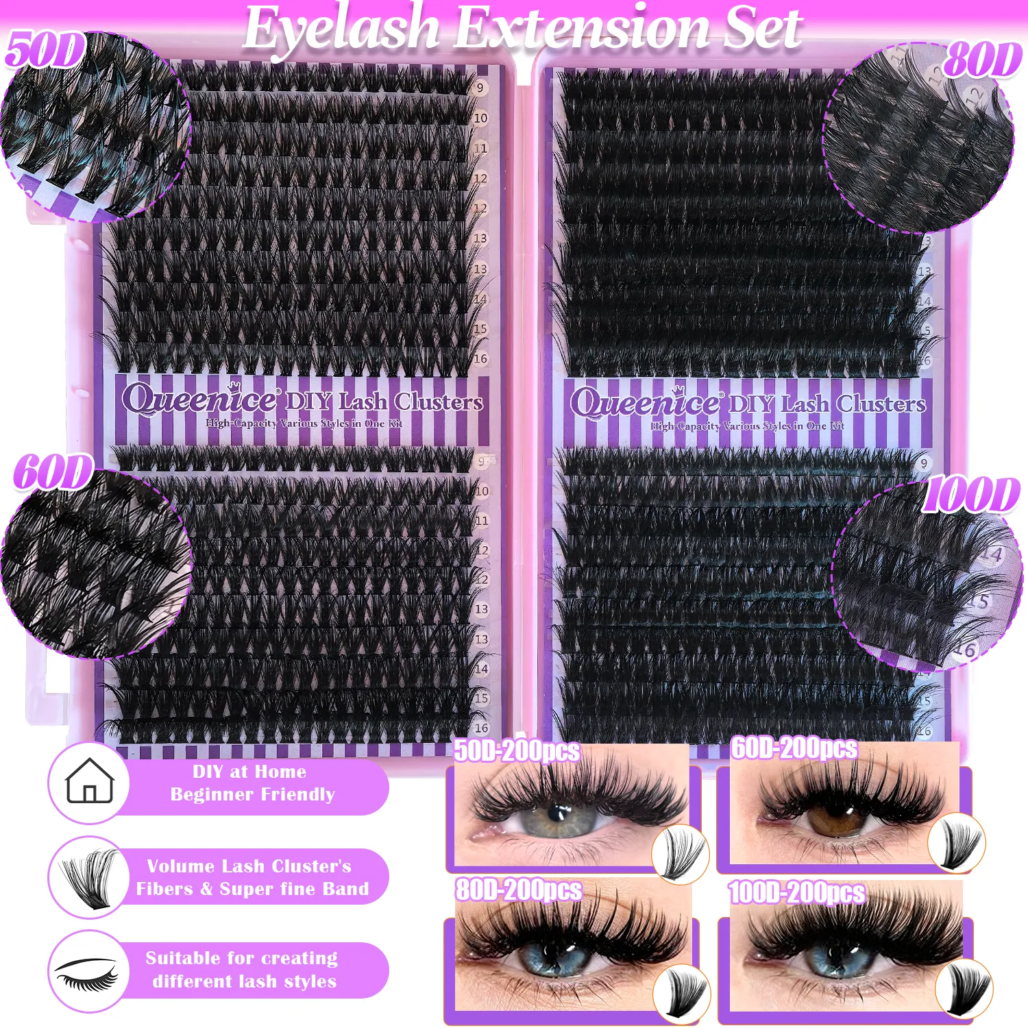 Řasy Cluster DIY Lash Extension Mixed Tray Clusters Řasy Fluffy Individual Lashes Prodlužování řas Cat Eye — image 4