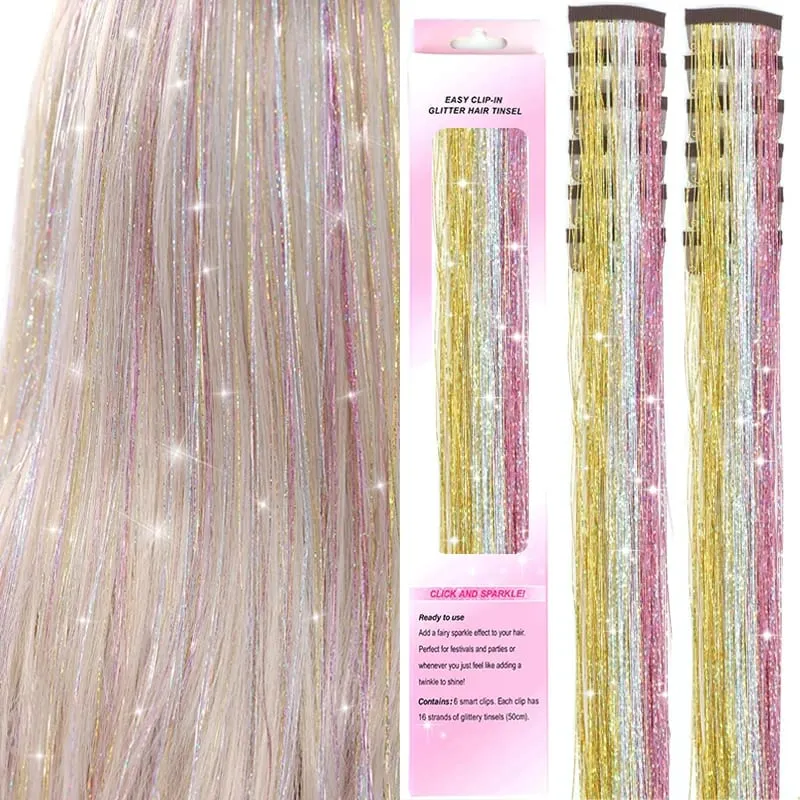 12Pcs Purple Clip in Tinsel Hair Extensions Hairpiece Colored Hair Tinsel Kit Party Highlights Hair Accessories for Women&Kids