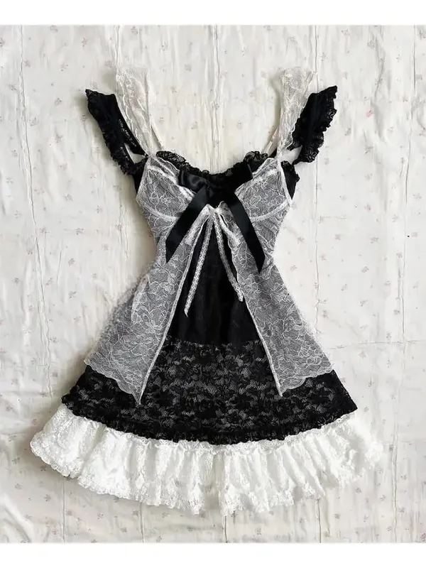 Kvinnors Y2K vintage spets patchwork klänning tvådelad set sommar elegant retro cardigan + söt mode ärmlös smal miniklänning