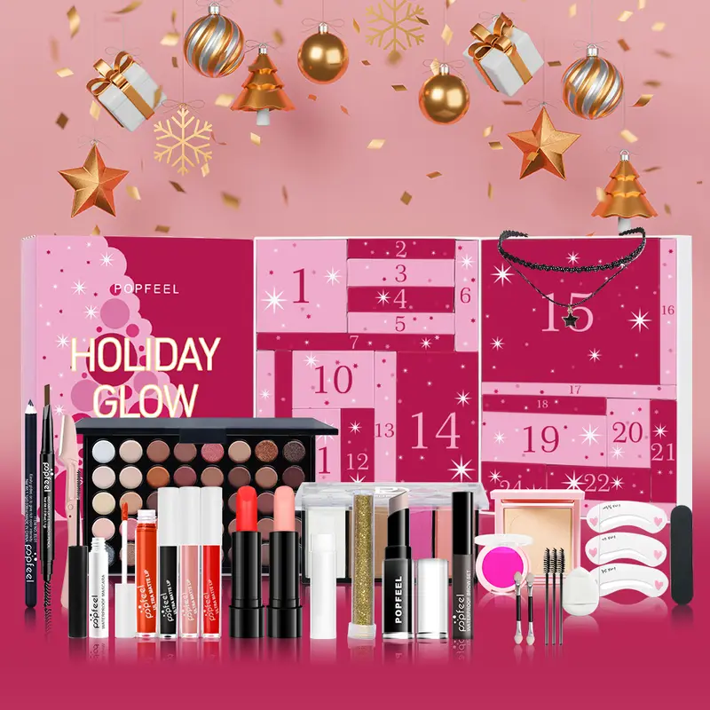 24 Day Holiday Glow Advent Calendar Complete Makeup Set with Skincare Brushes & Cosmetics 24 Surprise Beauty Gift Box