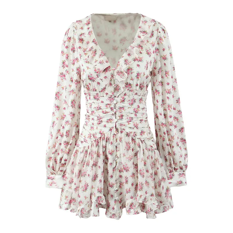 Boho Floral Print Ruffle Mini Dress Women Front Button Long Sleeve V Neck Spring Dresses 2025 Holiday Robe Short Vestidos