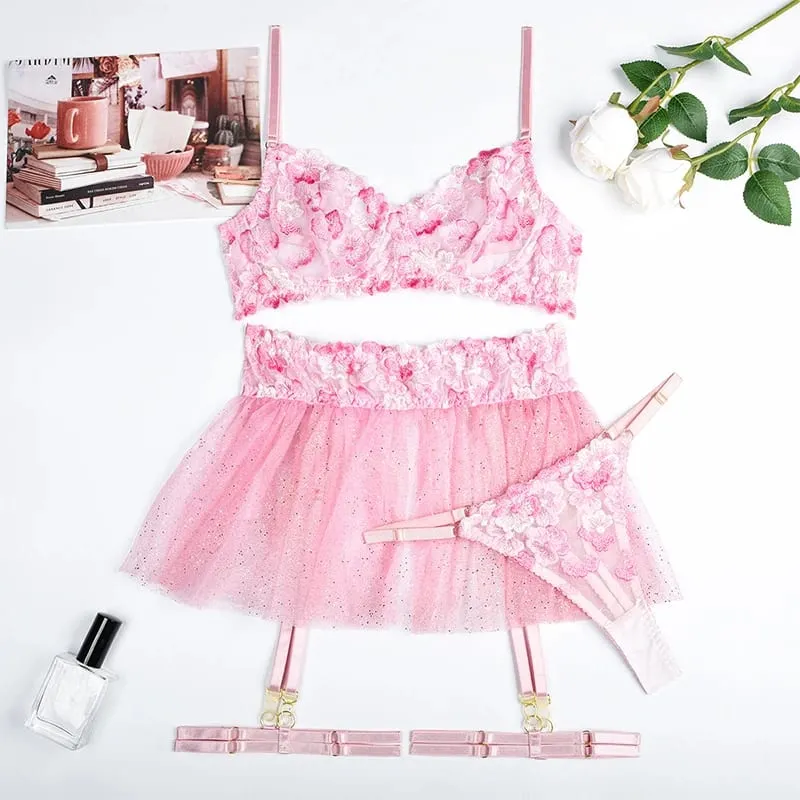 Romantic Pink Underwear Set Embroidered Flowers Perspective Lace Lingerie Intimate Female Bra and Panty 3piece Set Aestheticism