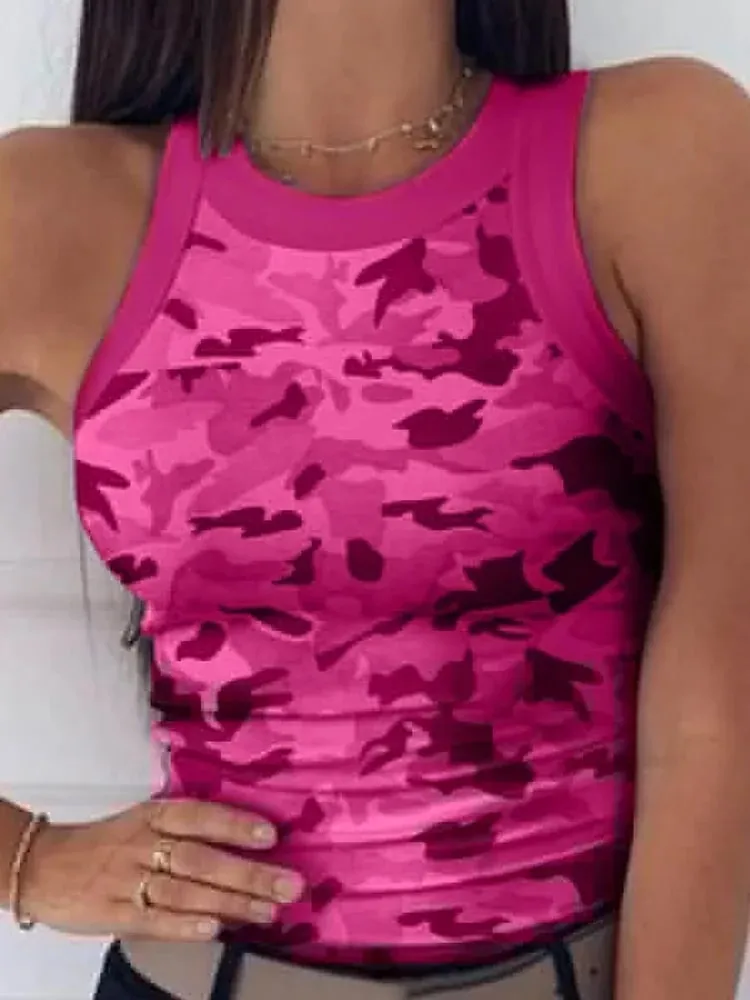 Women Casual Camo Round Neck Ribbed Tank Top Summer Basic Elastic Camisole Sexy Sleeveless Crew Neck Vest Women's Clothing — image 5