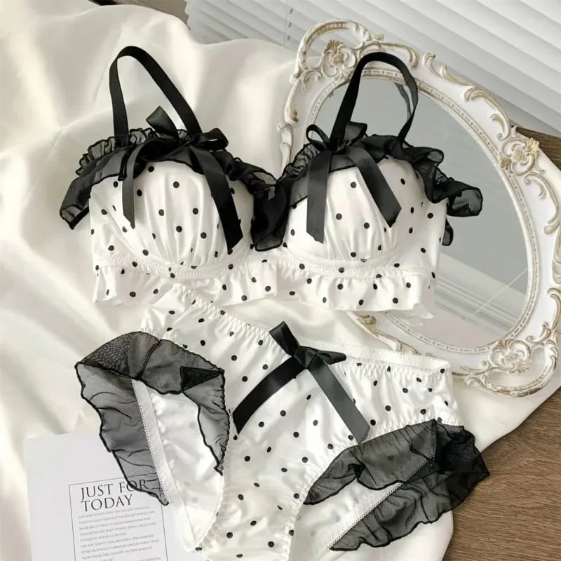 Women's Cute Bow & Polka Dot Bra Set - No Wire Push Up for Petite Chest Comfort Lace Underwear Set (2-Piece) — image 2