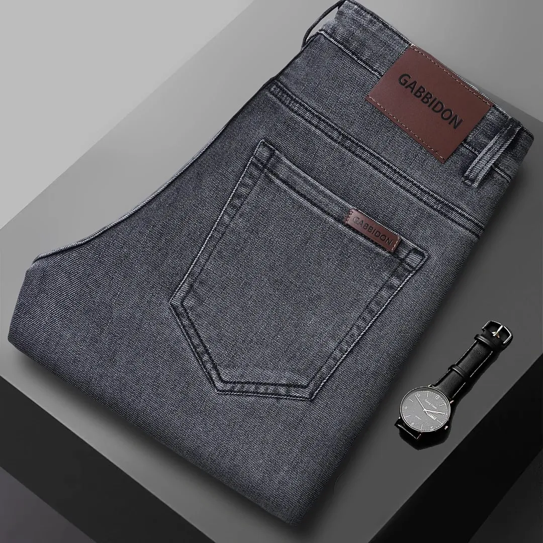 Spring New Men's Straight Jeans Comfortable Elastic Casual Business Work Trousers Retro Blue Fashion Fit Washed Denim Pants — image 3