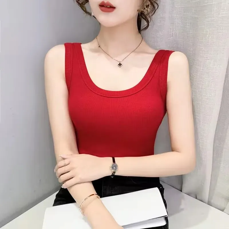 2023 Summer Women Basic Ribbed Knitted Tank Top Solid Color Sleeveless T-shirts Casual Camis Green Blue Elastic Female Tops — image 21