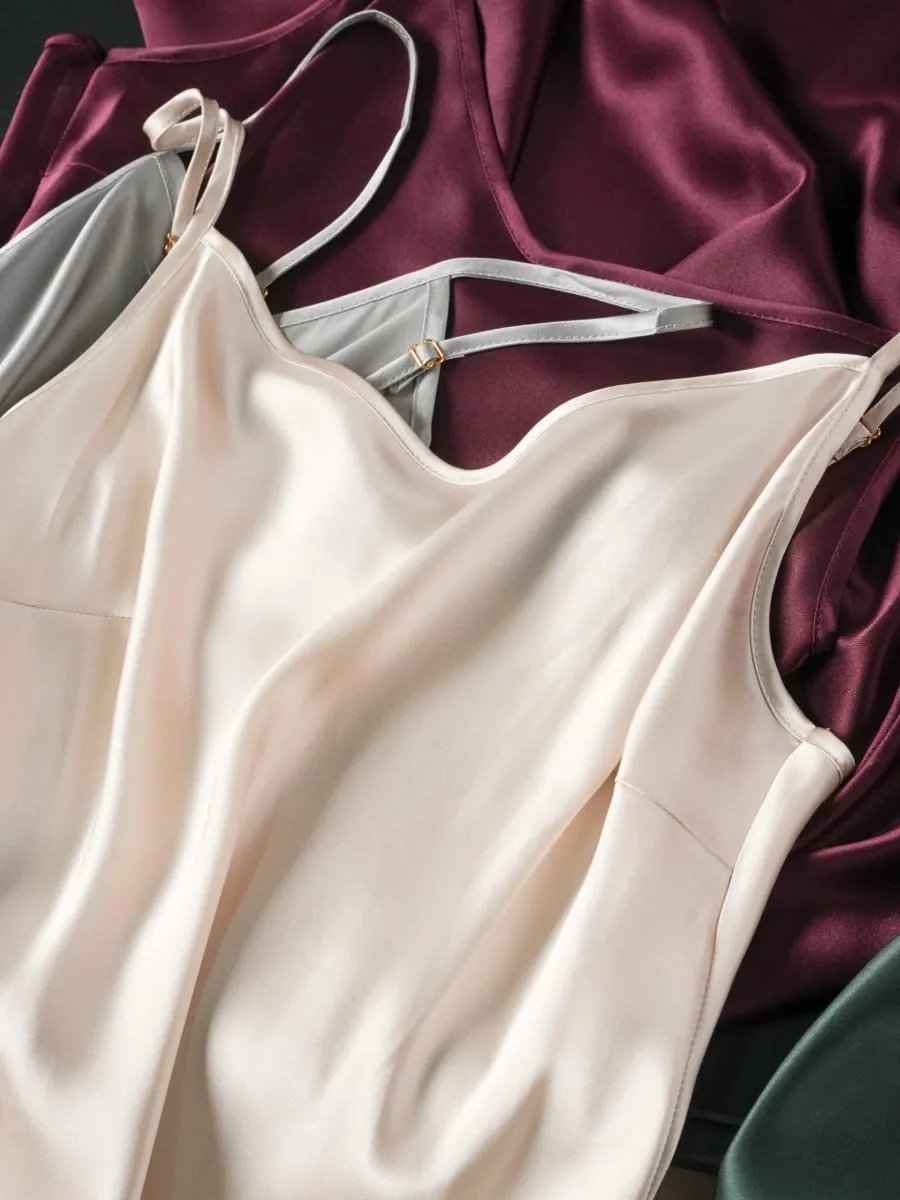Small Heavyweight 21MM 100% Natural Mulberry Silk Plain Satin French V-neck Diagonal Cut Women's Sexy Solid Suspender Dress