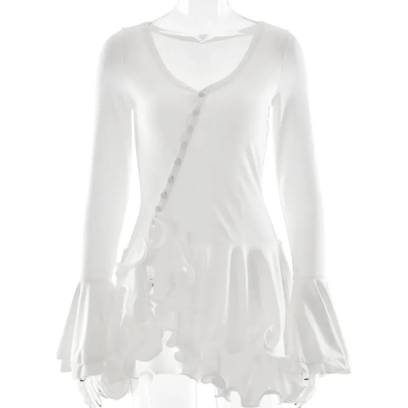 Blifanbo Flare Sleeve Ruffle Sexy V Neck Mini Women Robe Irregular Single-breasted High Waist Slim A-line luxury birthday Dress — image 7