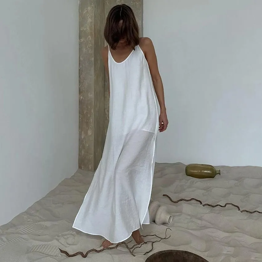 Linad Summer Casual White Long Dress Sexy Loose Backless Split Dresses Woman Street Chic V Neck Straight Dress For Women 2025 — image 1