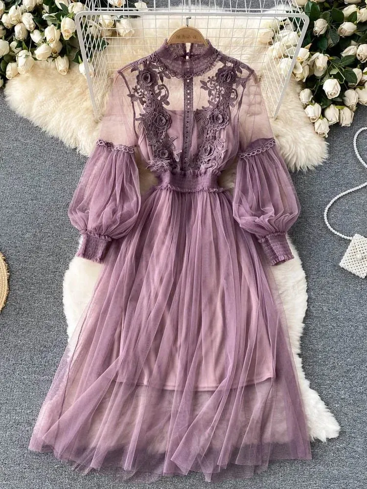 Ladies Dress Three-dimensional Flower Hook Mesh Temperament Stand Collar Lantern Sleeve High Waist Slim Female Dresses — image 5