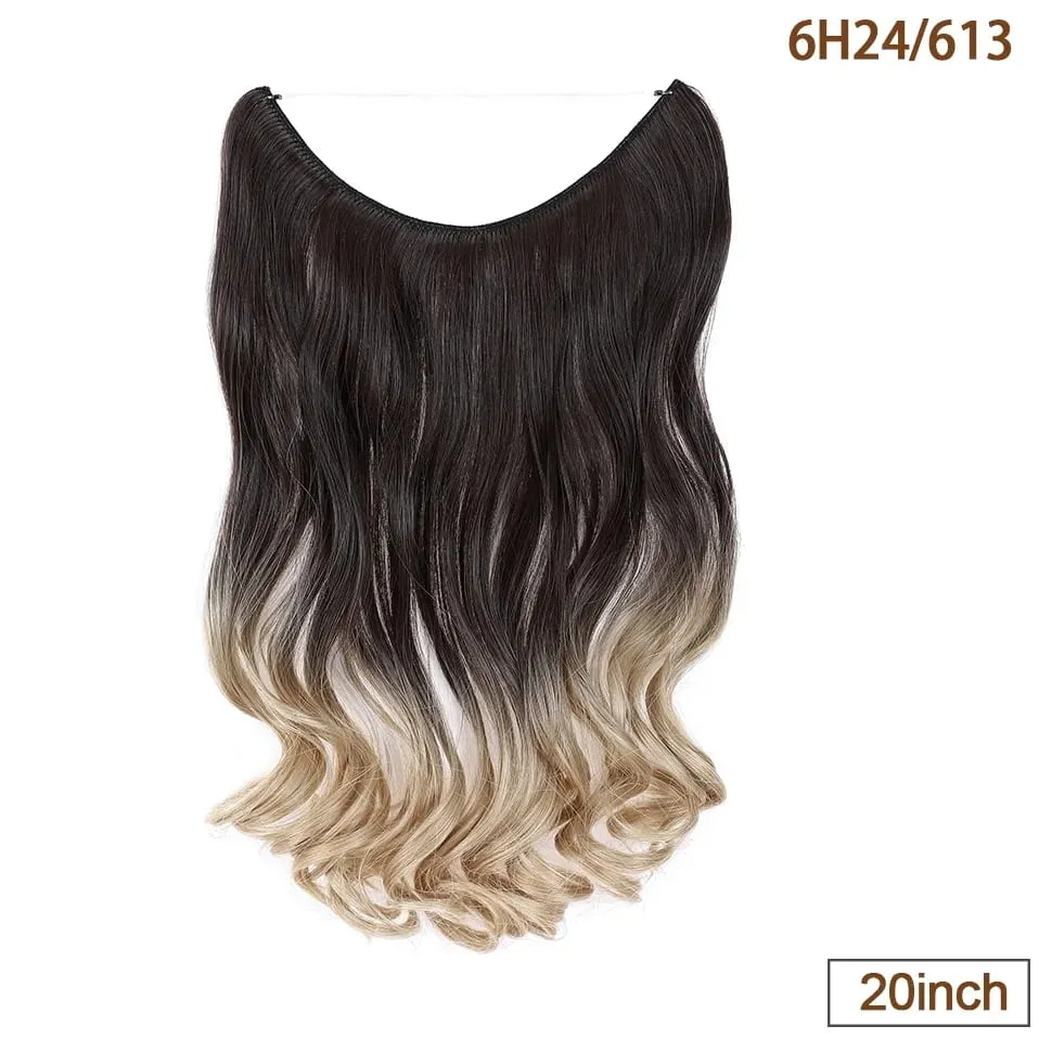 Synthetic Invisible Wire Hair Extensions Transparent Wire AdjustableLong Wavy Curly Secret Hairpiece 20 Inch for Women
