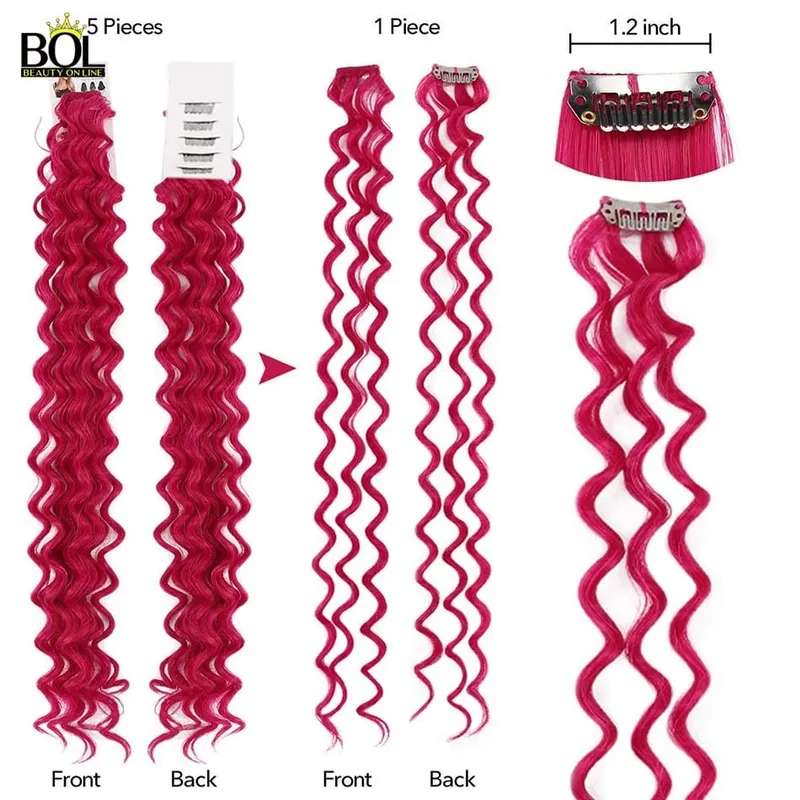 BOL Synthetic Hair Extensions Colored Hair Strands Deep Wave Clip-on Hair Female Rainbow Hair 24Inch10Pieces/Set Heat Resistant — image 4