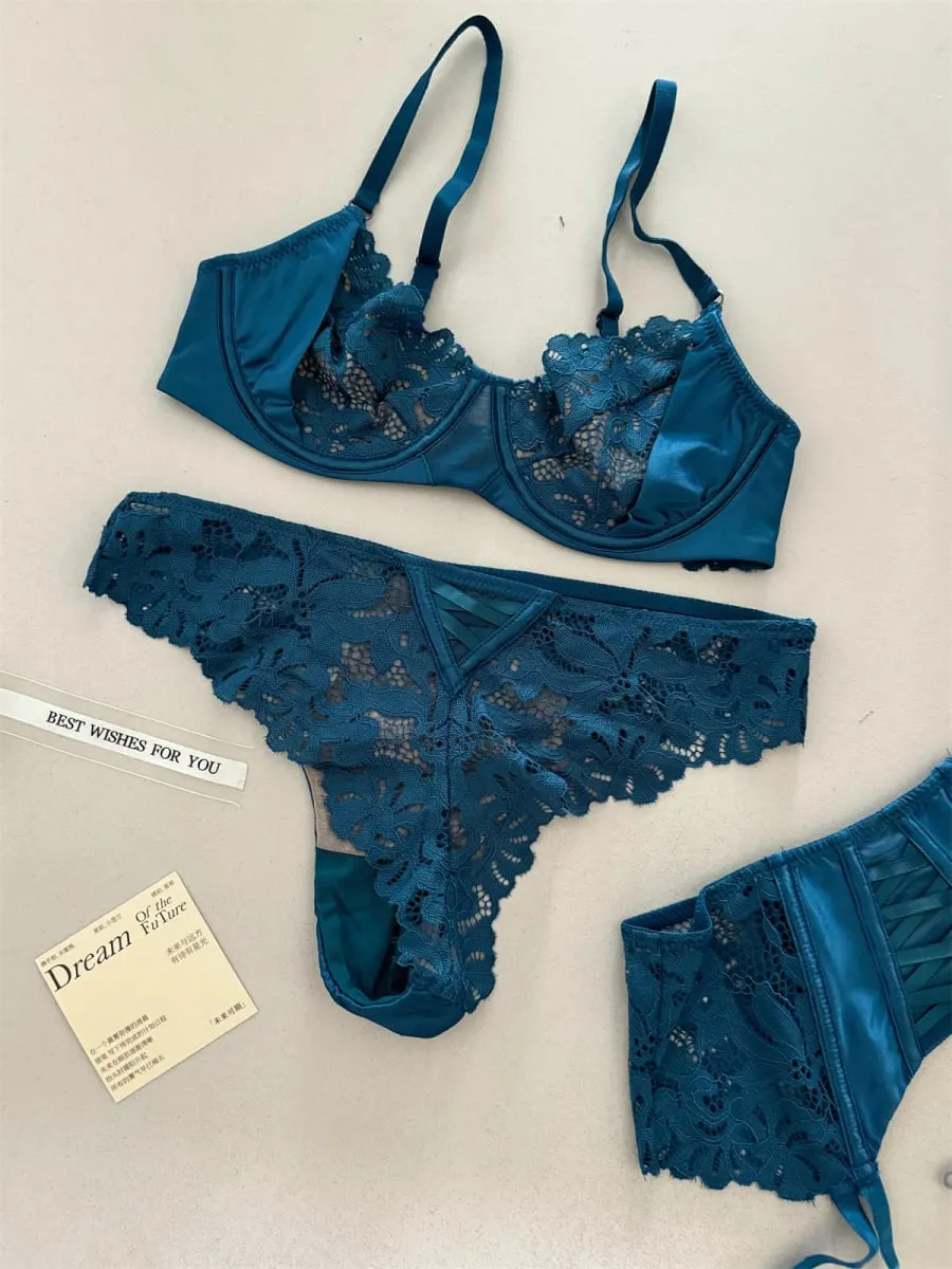 Satin three-piece thin section lingierie large breast underwear sexy lace bra breathable blue temperament underwear set — image 6