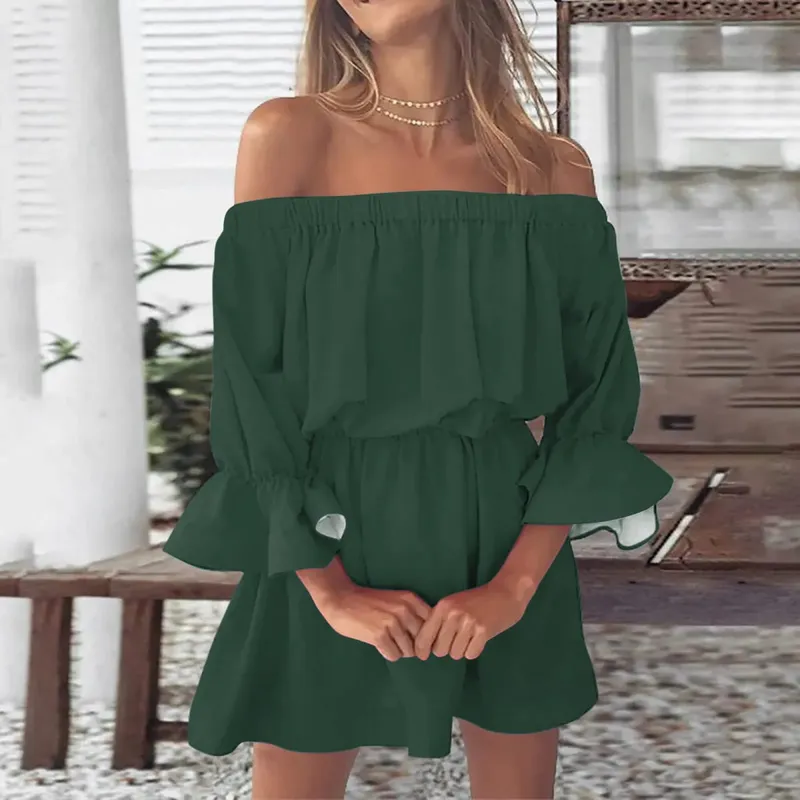 Sexy Off Shoulder Tunic Dress Women Solid Color Flare Sleeve Elastic Waisted Short Dresses Streetwear Midi Dress Ropa De Mujer