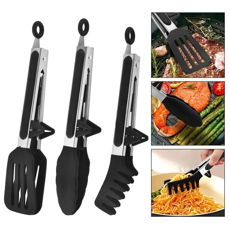 3pcs Silicone Kitchen Cooking Tongs Set Stainless Steel Nonstick Food Tongs Non-Slip Cooking Clip Clamp BBQ Salad Grill Tools